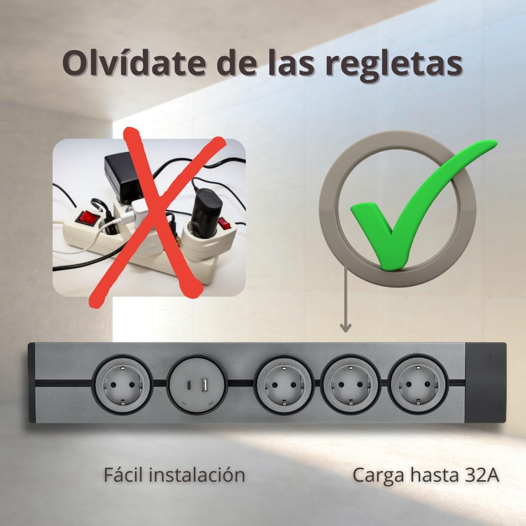 [Garantía Europea] Carril Enchufe Pared, hasta 7 Tomas, Regleta Lineal, raíl Modular, conexión Deslizante, Riel eléctrico, Power Strip, 50cm (4 shucko + 1 USB) — view 3