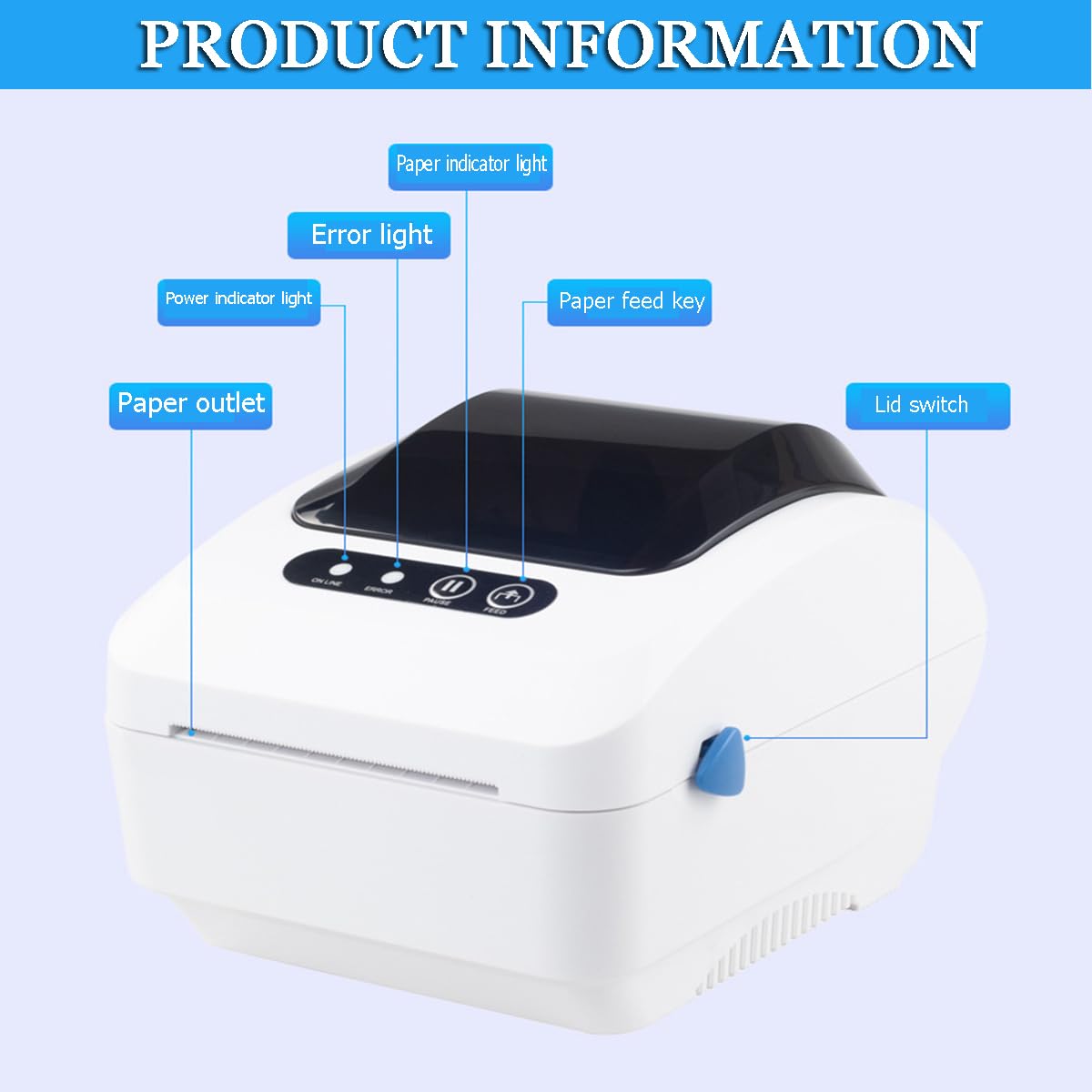 Stampante per etichette con contenitore di carta grande, stampante automatica di rilevamento carta da 2 kg, 8,3 x 5,5 x 5,7 pollici, larghezza di stampa: 20-80 mm, interfaccia USB, 127 M/S, nessun