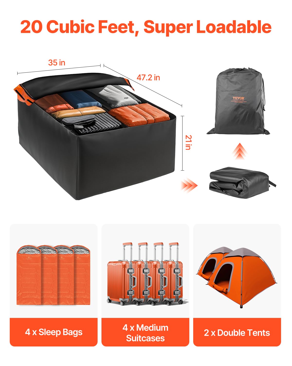VEVOR Sac de Toit de Voiture 566 L, Coffre de Toit Étanche en PVC 840D Robuste, Sac Porte-bagages avec Serrure, Tapis Antidérapant et 6 Crochets, Installation Rapide et Facile, pour Tous les Véhicules