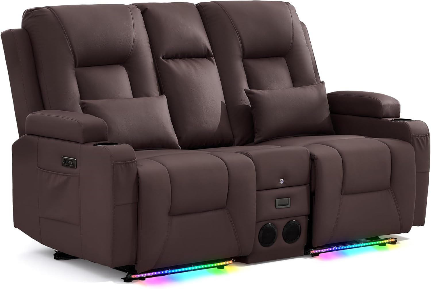 URRED Power Loveseat Recliner Sofa with Console, Wall Hugger RV Reclining Couch, 2 Seater Home Theater Seating with LED Lights, Bluetooth Speakers, USB Ports, Power Outlets & Storage, Brown | Pet Friendly, Dual Reclining, Zero Gravity, Button Control