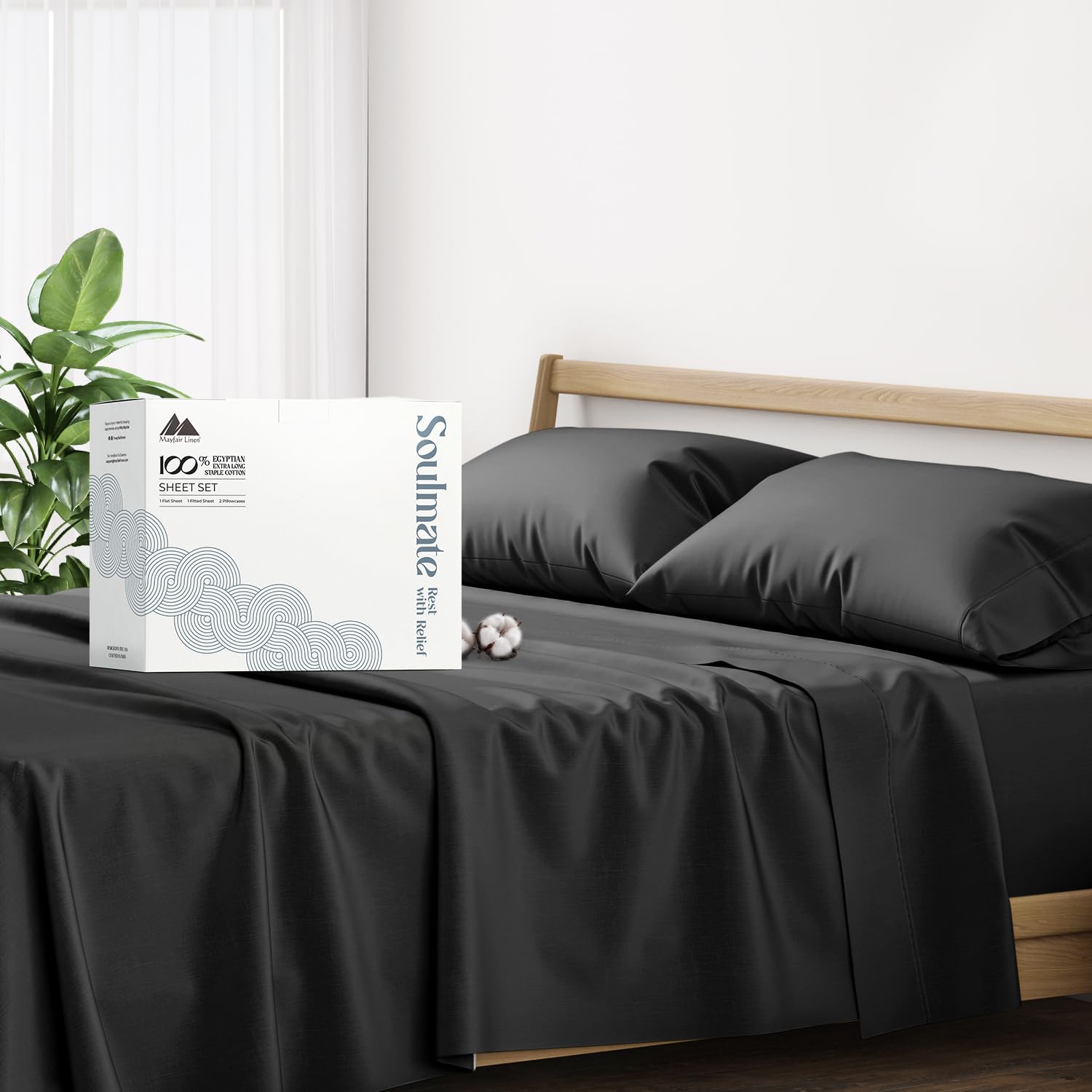 Mayfair Linen 100% Egyptian Cotton Full Sheet Set - Luxury 500 Series Soulmate Collection Cotton Sheets Full Size (4 PC, Black), Soft, Cooling Sateen Weave 16" Deep Pocket Hotel Quality Sheet — image 1