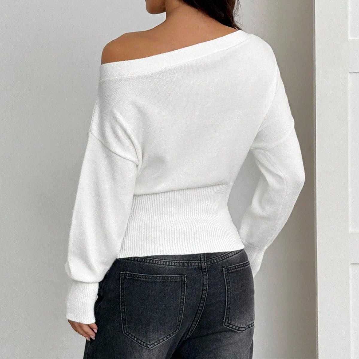 LOFAAC Women Sexy Off Shoulder Cinched Waist Knitted Sweater Top Asymmetrical Neck Long Sleeve Ribbed Pullover Jumper - Image 5