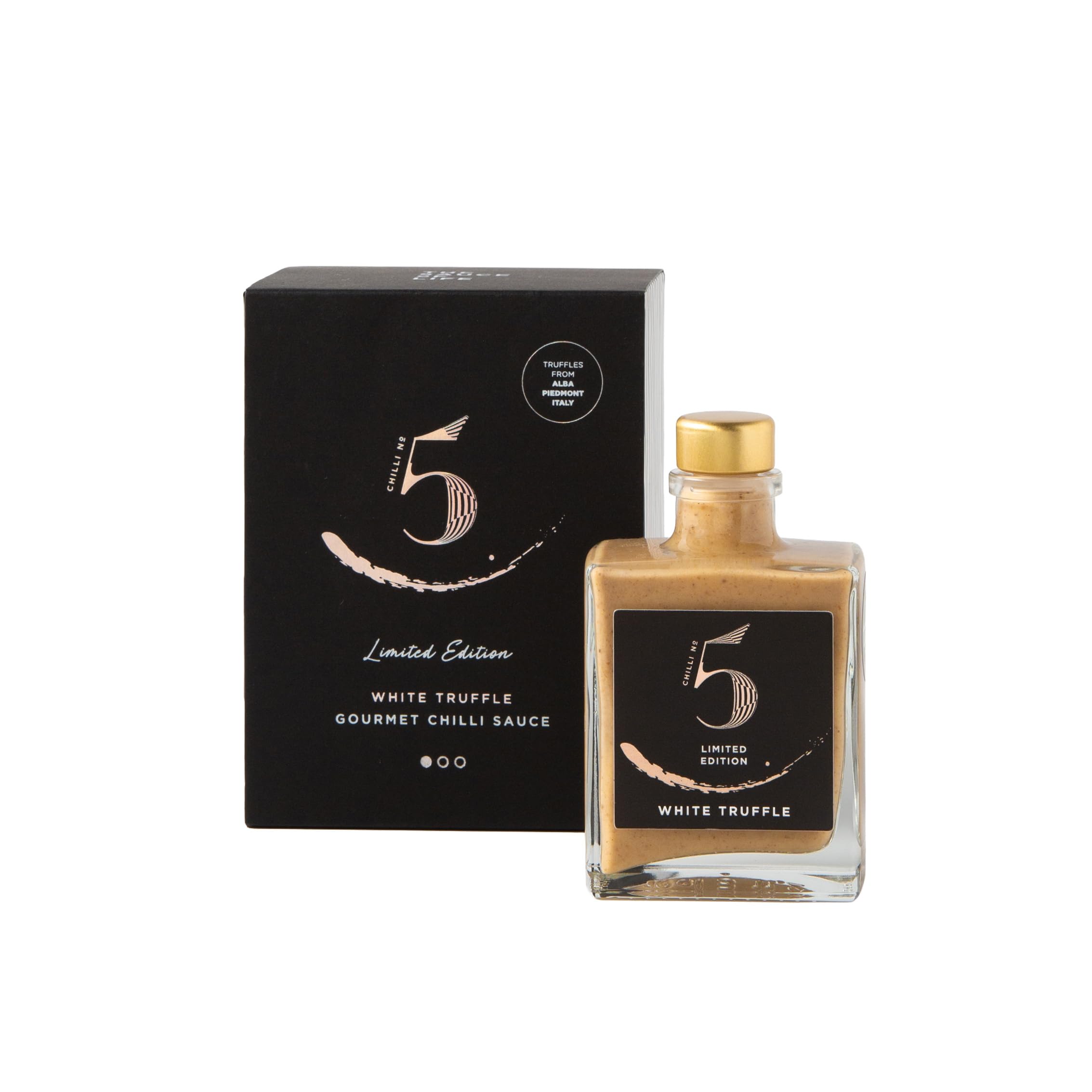 Chilli No. 5 | Trufa blanca, edición limitada, salsa picante de trufas y hongos gourmet, vegana, sin gluten, sin colorantes ni saborizantes artificiales, botella de 100 mililitros