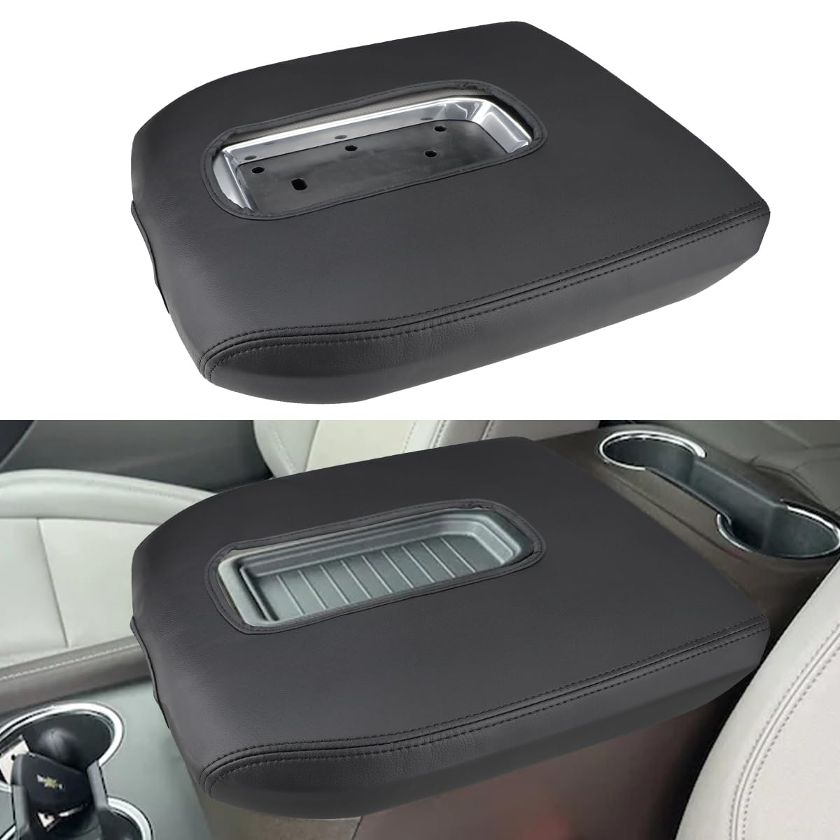 Photo 1 of [Small Damage on Side] INTGET Center Console Cover for 2026 Chevy Silverado & GMC Sierra Accessories 2019 2020 2021 2022 2023 2024 2025 Leather Armrest Lid Arm Rest Box Protector (Black Stitches, Bucket Seat 19-25)