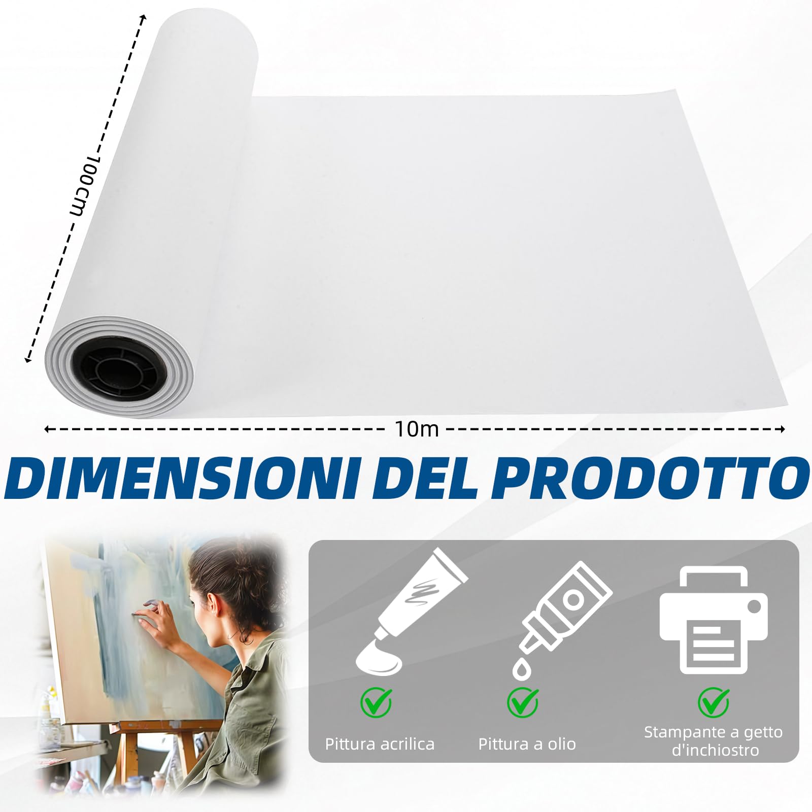 Rotolo di tela in puro cotone, 280 g/m², tela pesante per stampa a colori ad alta definizione, adatto per pittura acrilica, a olio e a getto d'inchiostro. (100 cm x 10 m)