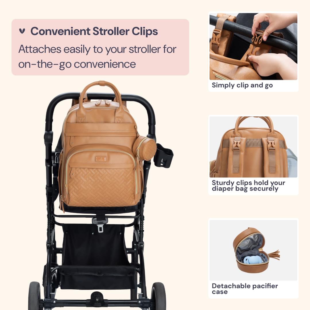 BabbleRoo Leather Diaper Bag Backpack - Baby Essentials Travel Baby Bag, Multi function, Water Resistant, with Changing Pad, Stroller Straps & Pacifier Case – Unisex, Light Brown - Image 7