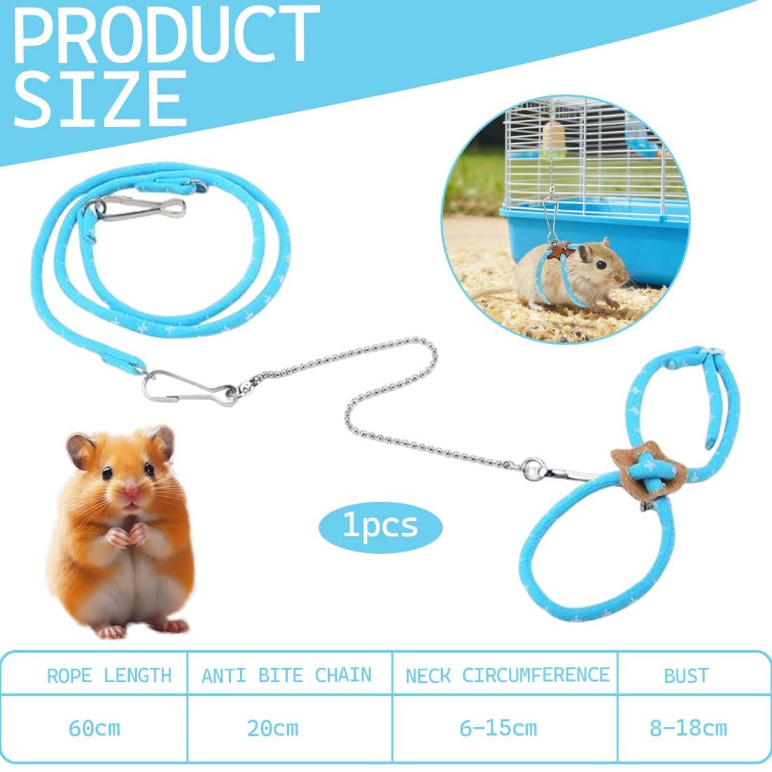 Laisses pour Petits Animaux, Harnais Réglable Bleu pour Souris Rat Hamster, Corde De Promenade Sécurisée Taille Standard, Accessoire Extérieur 1 Pièce