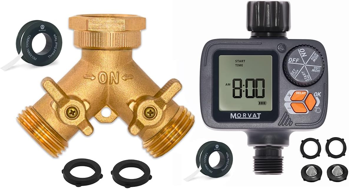 Morvat Brass 2-Way Y Splitter LEAD-FREE, Garden Hose Connector with ON/OFF Valves, PLUS Sprinkler Hose Water Timer with Rain Delay, Automatic/Manual Modes, Irrigation System + Tape & Filter Washers