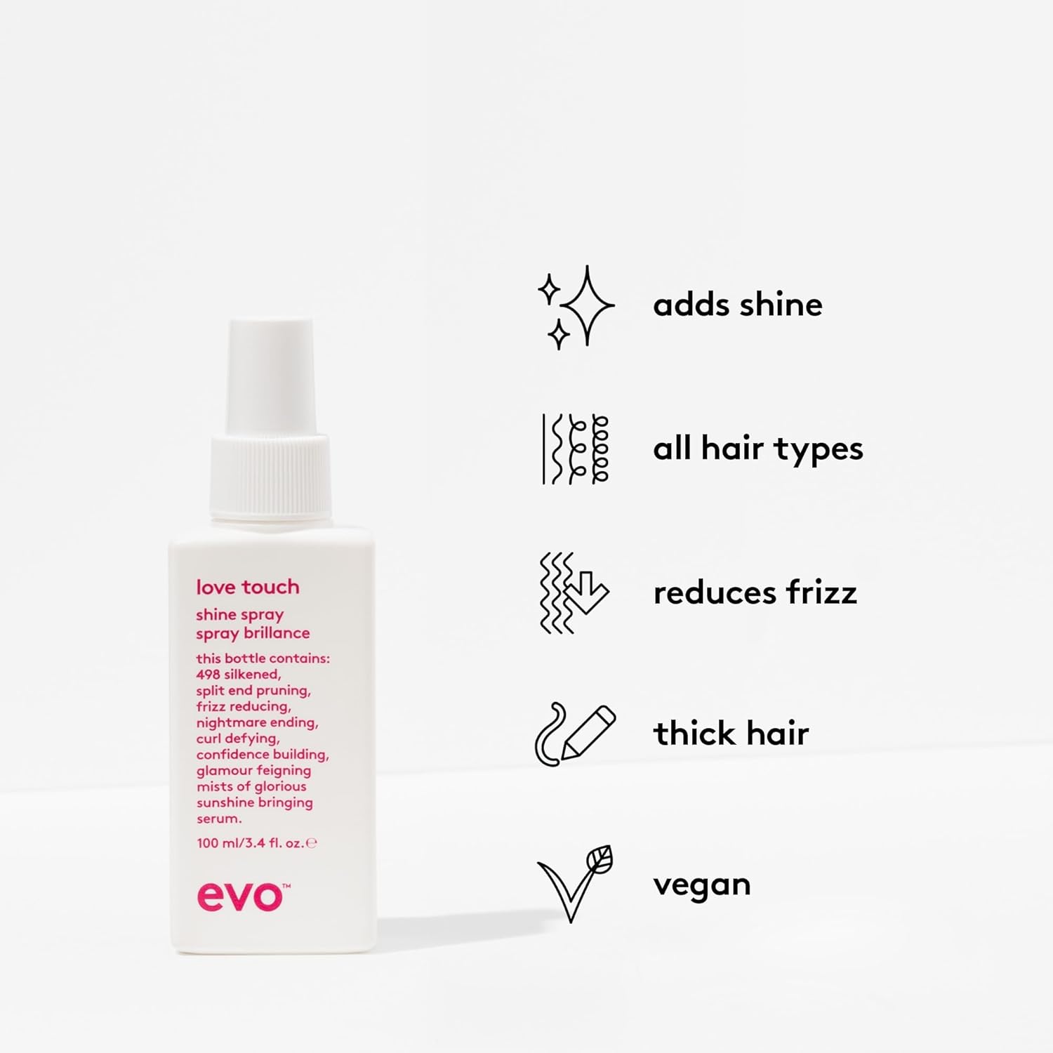 EVO Love Touch Lightweight Hair Shine Spray for All Hair Types - High Gloss, Frizz Control & Smoothing - 3.4 fl oz