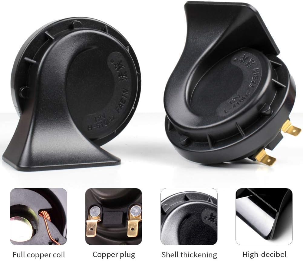 FARBIN Waterproof Auto Horn 12V Car Horn Loud Dual-Tone Electric Snail Horn Kit with Relay Harness Universal for Any 12V Vehicles Black