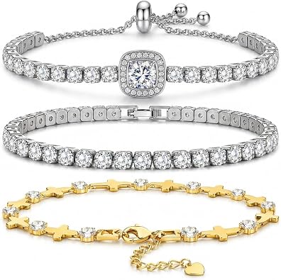14K White Gold Plated 5mm Cubic Zirconia Tennis Bracelet for Women and Men, Classic Silver Diamond Tennis Bangle Bracelets3 PCS