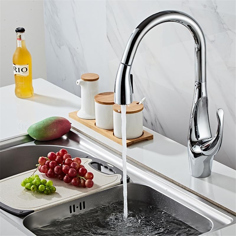 Nickel Chrome Single-Hole Pull-Out Kitchen Faucet - 360° Rotating Sink Mixer Tap with Dual-Spray Mode for Home Kitchens(Chrome)