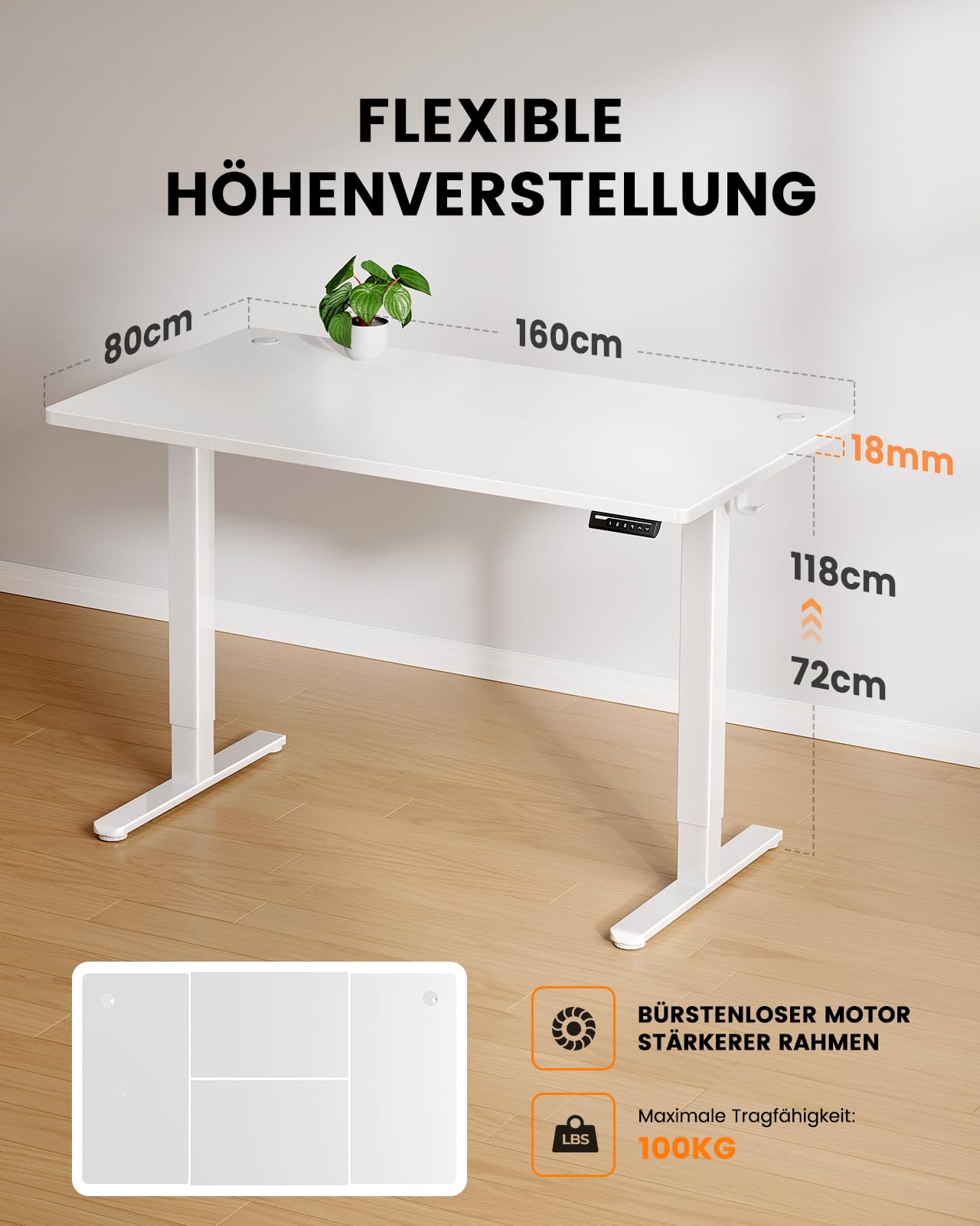 ErGear Höhenverstellbarer Schreibtisch-160 x 80cm,100 KG Tragkraft Elektrischer Schreibtisch mit Fortgeschrittenem Bürstenlosem Motor, Leise Funktion, Robuster Metallrahmen, Vierteilige Tischplatte