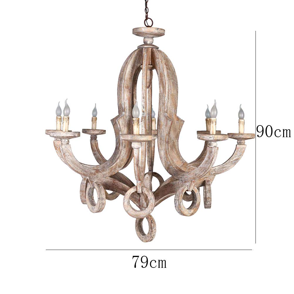 Für Woh,E14 Elegante Shabby Chic Holz Während Lighting Bauernhaus Deckenleuchten Kreative Schnitzerei Holzschnitzerei Kronleuchter,Rustikalen Vintage Einstellbar Kerze Kronleuchter-Retro,Um altes weiß