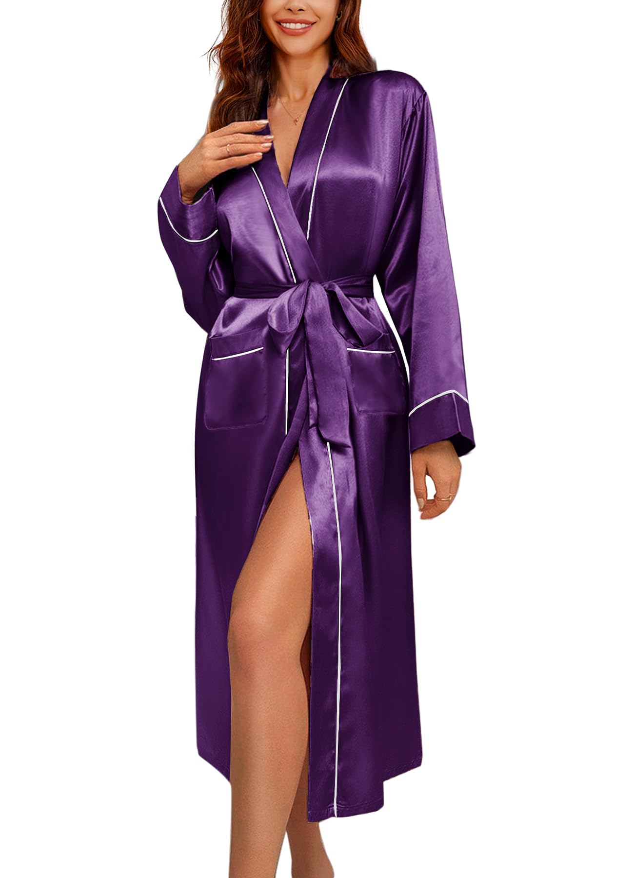 Ekouaer Satin Robes for Women Long Sleeve Silk Bathrobe Soft Lightweight Full Length Sleepwear Bridesmaid Wedding Party Robes