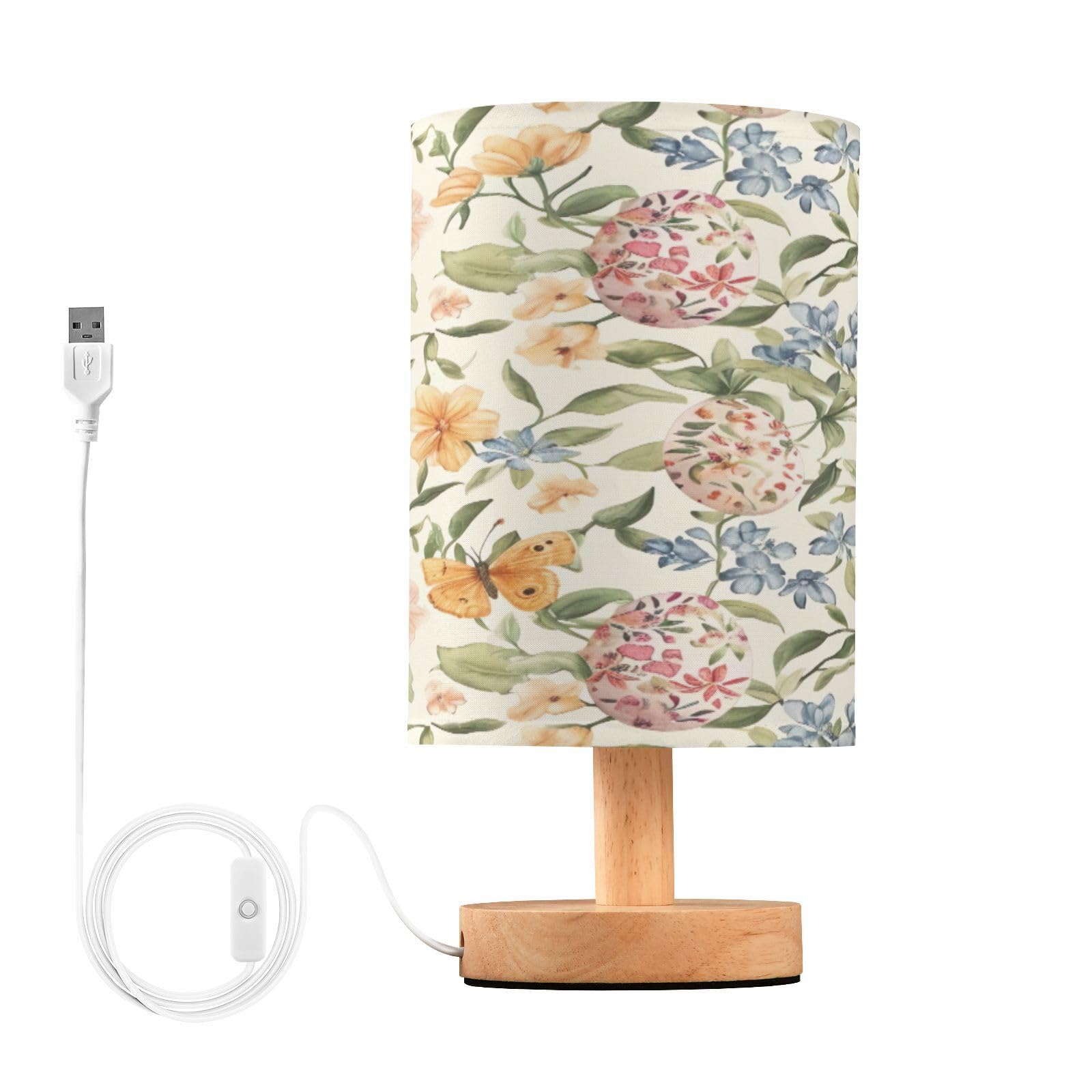 SDMKA Flowers Easter Pattern Bedside Table Lamp for Bedroom, Minimalist Nightstand Lamp with Round Fabric Shade for Living Room, Office, No Bulb Required