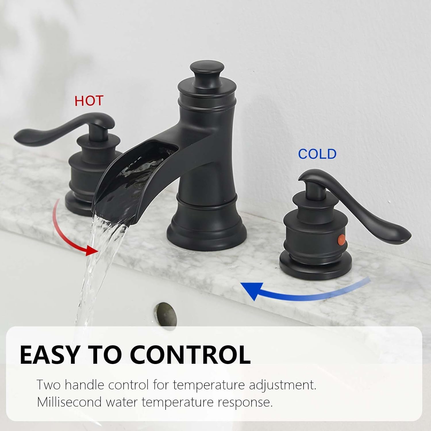 Black Widespread Bathroom Faucet, Bathroom Sink Faucet 3 Hole, Waterfall Spout Farmhouse 2 Handle 8 Inch Lavatory Vanity with Pop Up Drain with Overflow