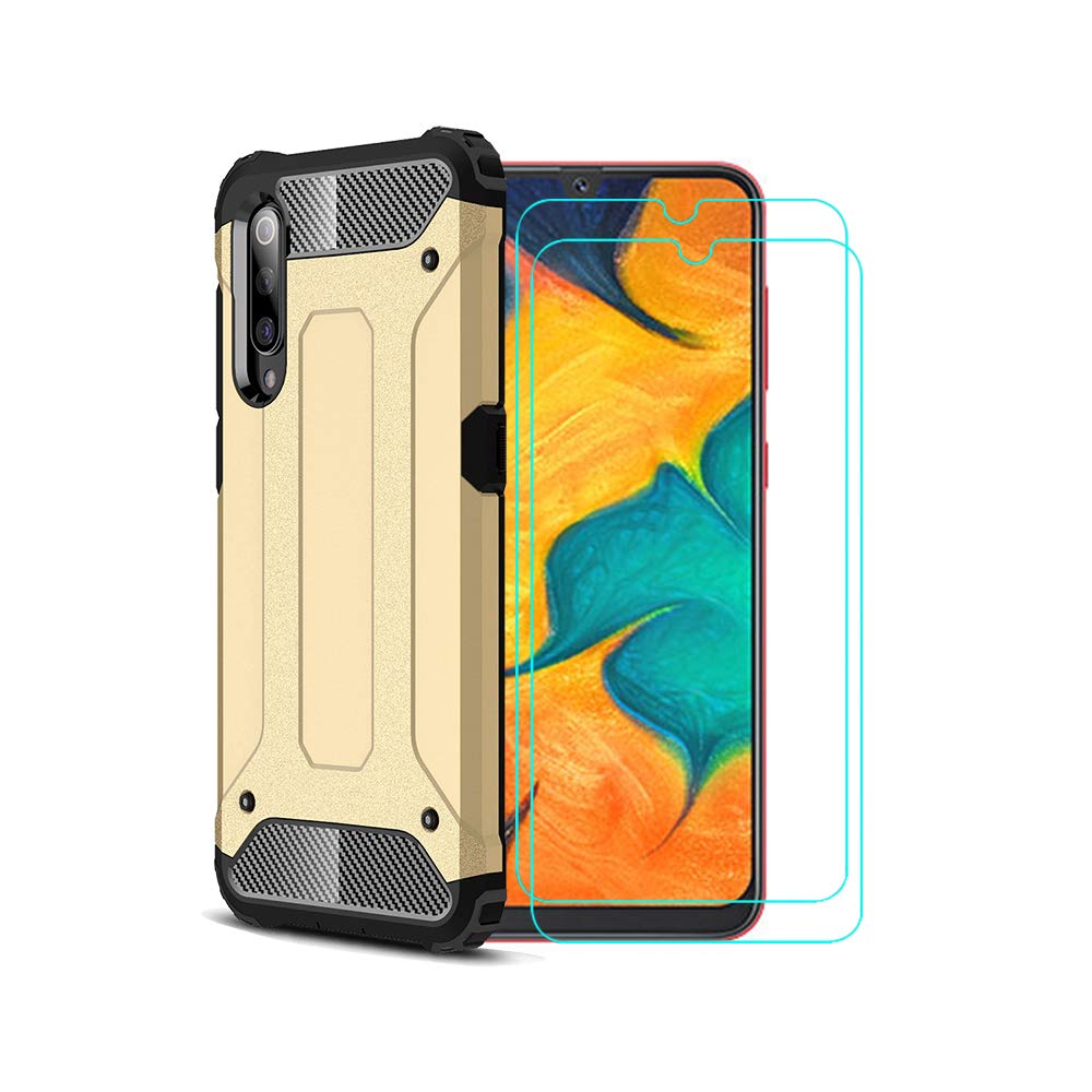 TANYO Case+2 Pack 9H Transparent Tempered Glass Screen Protector Suitable for Samsung Galaxy A70, TPU/PC 2-in-1 Shockproof Sturdy and Durable Fashion Ultra-Thin Protective Case, Golden
