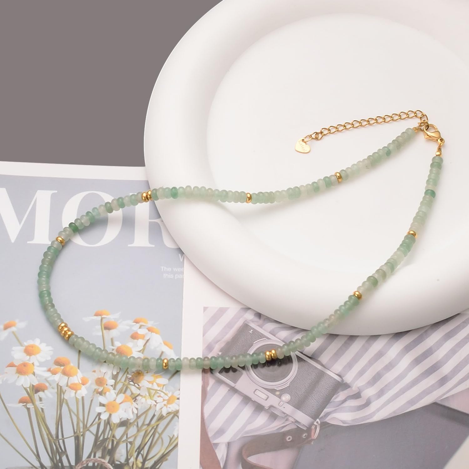 Aleasha Aventurine Neklace Natural Stone Boho Beaded Choker Women Gold Stainless Steel Necklace Handmade Jewelry 38+6cm - Image 4