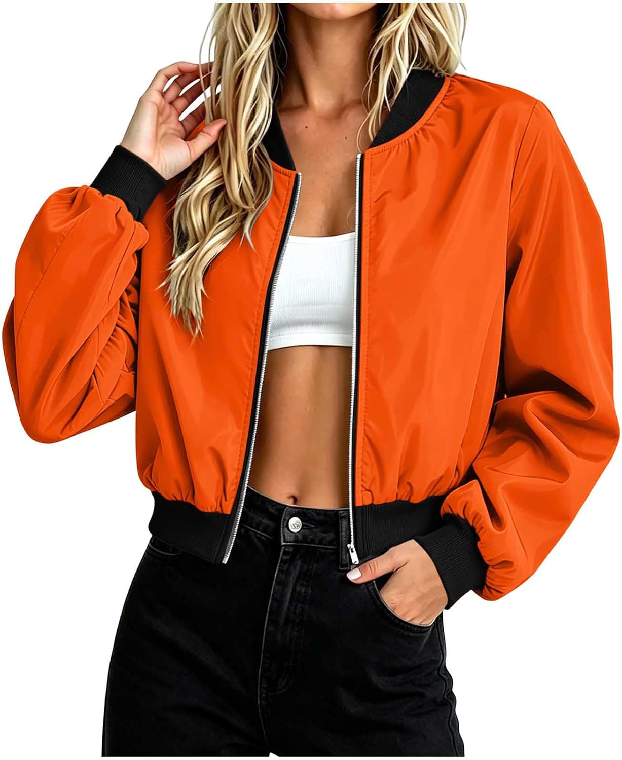 Bomber Jacket for Women Stand Collar Zip Up Lightweight Coat | Women's Casual Windbreaker with Ribbed Cuff, Zip Pockets, Long Sleeve for Fall Spring Travel Everyday Streetwear