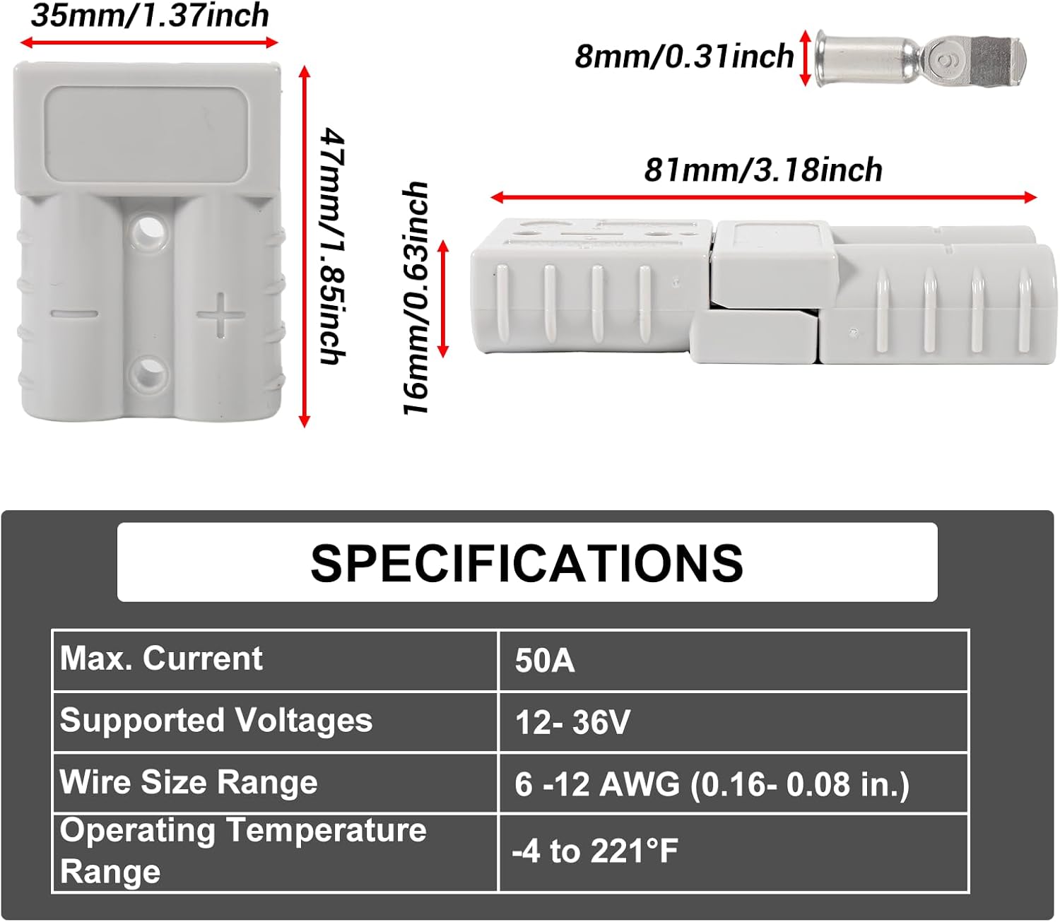 50A Battery Quick Connect/Disconnect Set, 8PCS 600V Electrical Connector Kit,Supports 7/8/10/12 AWG Wires, Ideal for Power Equipment, Winches, and Solar Applications (Grey)