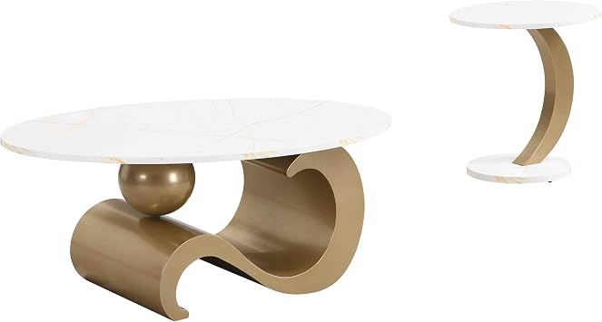 Henf White Gold Modern Faux Marble Nesting Coffee Table Set of 2 - Oval Table and Small Round End Table for Living Room Center with Metal Frame, Easy Assembly