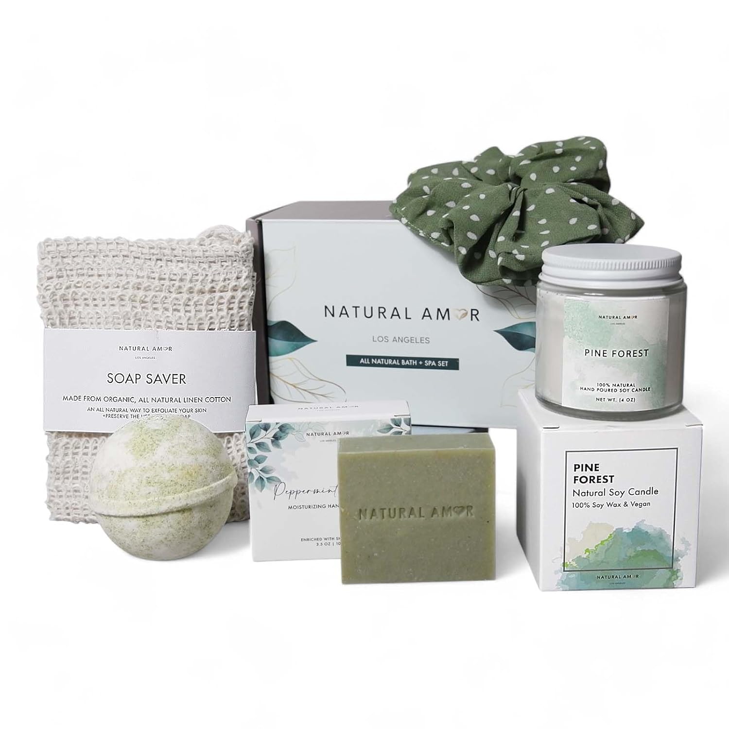 Natural Amor Green Spa Gift Set for Women, Peppermint Forest Bath Gift for her,5pc Bath & Body Gift Including Soap Bar, Candle, Bath Bomb Natural Amor Green Spa Gift Set for Women, Peppermint Forest Bath Gift for her,5pc Bath & Body Gift Including Soap Bar, Candle, Bath Bomb