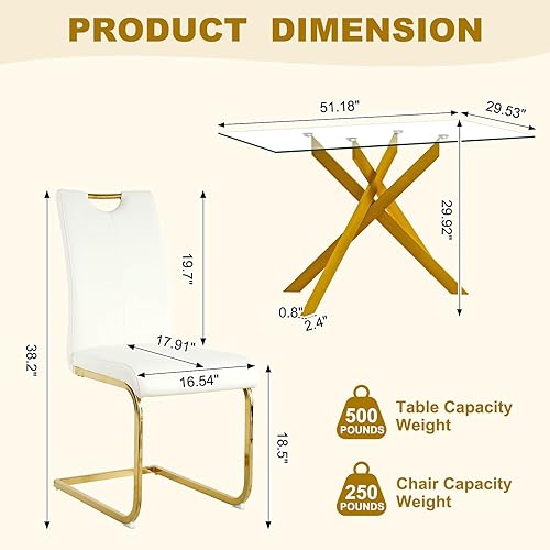 Miniatura 3 de Juego de mesa de comedor de vidrio de 51.18 pulgadas de ancho para 4, mesa de cocina rectangular moderna de vidrio con patas de metal dorado, 4 Mesa