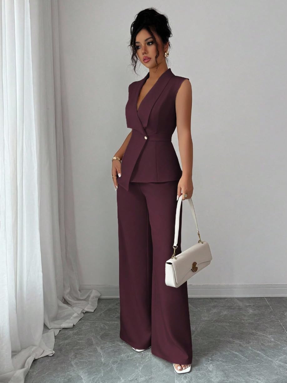 Conjunto Verano Mujer Conjuntos De 2 Piezas Para Mujer Trajes De Oficina Elegantes Blazer Sin Mangas Y Pantalones De Pierna Ancha Conjuntos Casuales Elegantes Para Damas Ideales Para Invitadas A Bod