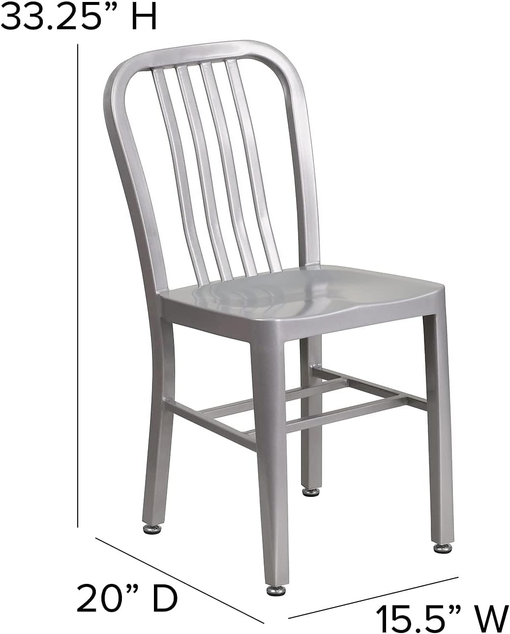 Pemberly Row Metal Vertical Slat Back Dining Side Chair, 33.25" H x 15.5" W x 20" D, Galvanized Steel, Silver Powder Coat Finish, Ergonomic Contoured Seat, Indoor/Outdoor Durable Dining Chair for