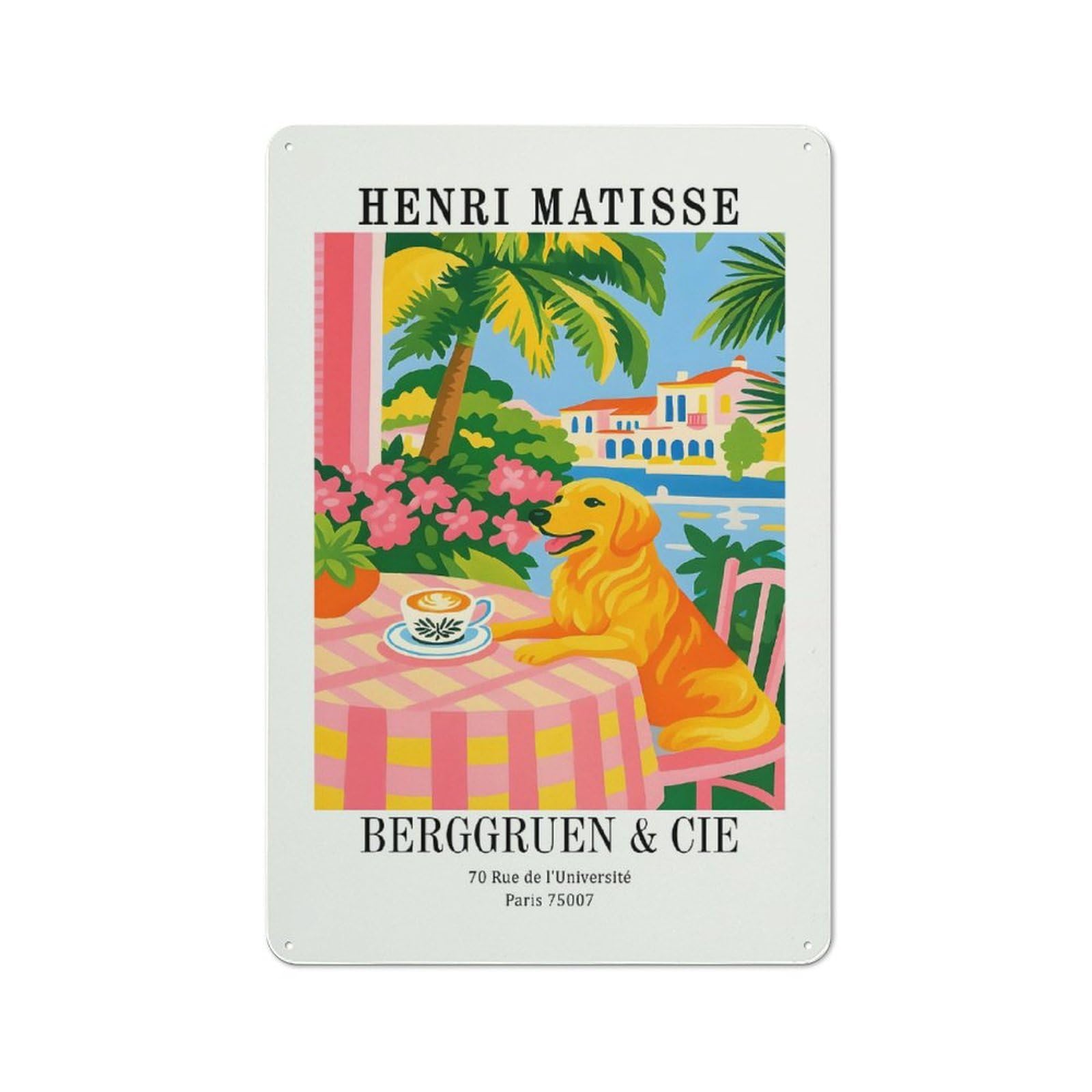 Junmoney Style Tin Wall Plaque 30X20cm With Henri Matisse Dog Cafe Painting For Man Cave Or Games Room, A Christmas Gift For Leisure-Room Decor Enthusiasts