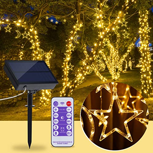 Smarich Star Moon Solar String Lights 138*Leds Solar Curtain Lights With 8 Lighting Mode, Timmer Setting, Brightness Adjustment, Waterproof Solar Powered Twinkle Star Moon Fairy Lights For Outdoor #TOP6