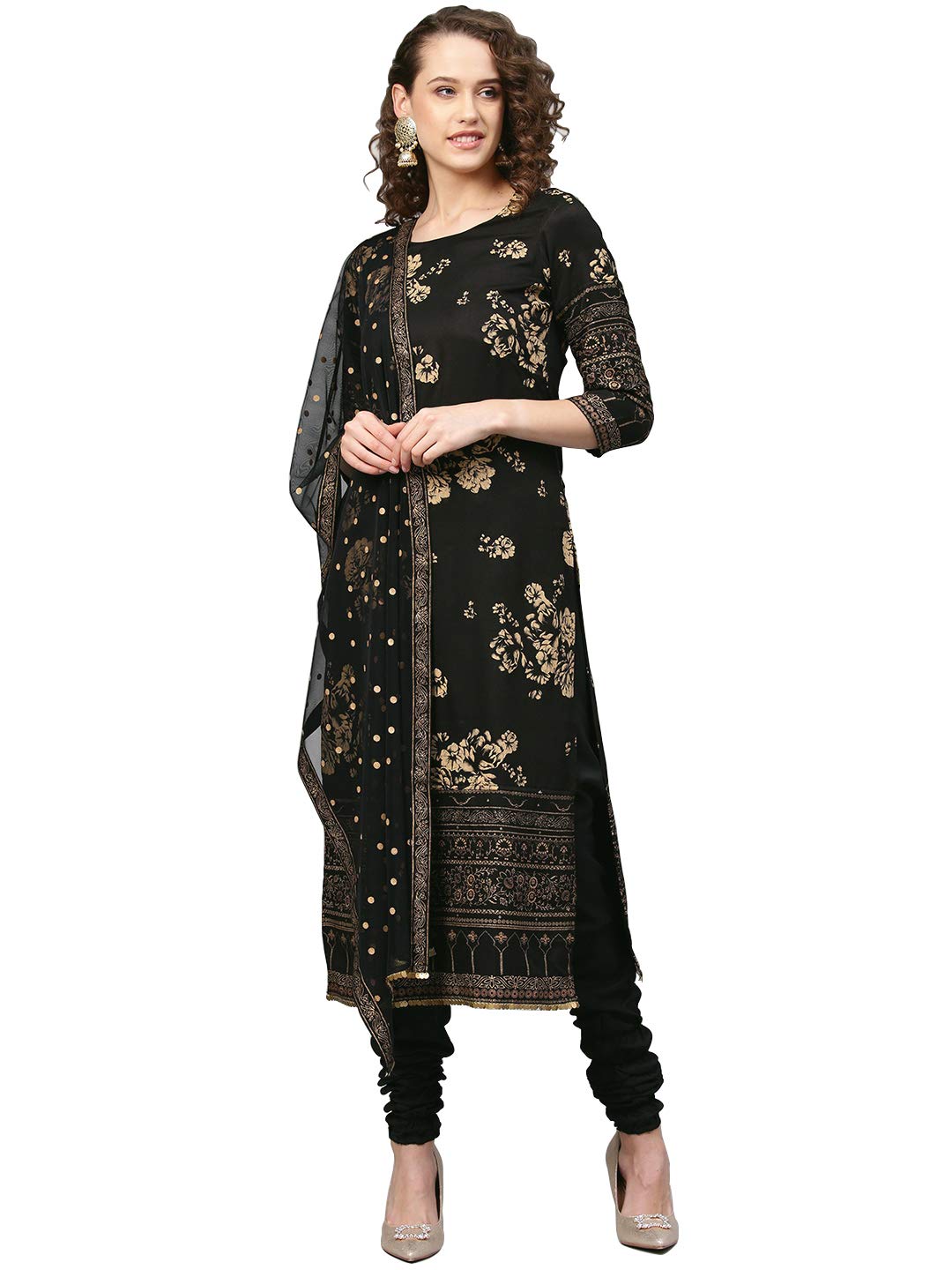 AhalyaaWomen's Black Polyster Printed Kurta Chudidar Set with Dupatta (AHKUDUCD-Combo-246)