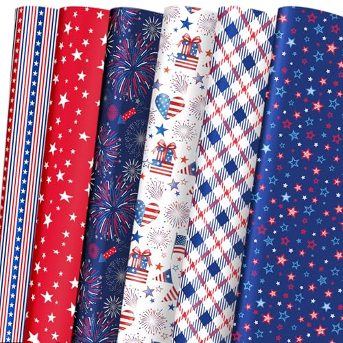 LeZakaa 6 Sheets Patriotic Wrapping Paper 4th of July Red White Blue Fireworks Gift Wrap Sheets for Independence Day Party USA Flag Stars Design 27.6 x 19.7 Inches Each