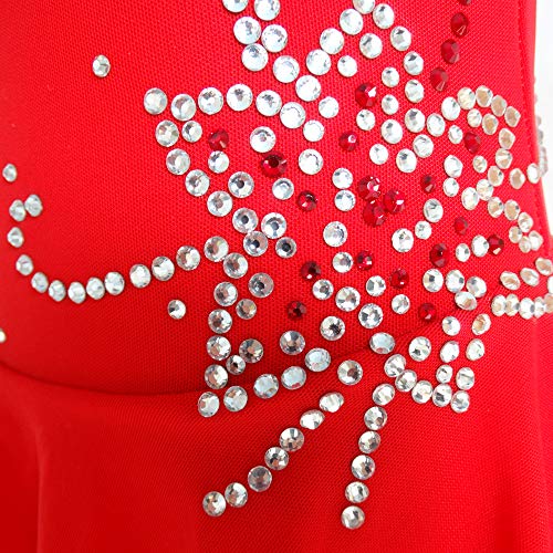 Vestido de patinação no gelo para meninas de manga comprida com contas e gola gargantilha, Vermelho,