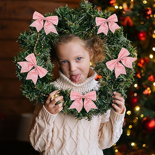 BHGT 24 pcs Small Pink Glitter Bows for Christmas Tree Decoration Christmas Decorative Bows Christmas Tree Bow Christmas Bows Decorative Xmas Decor Wreath Ornament - Image 6