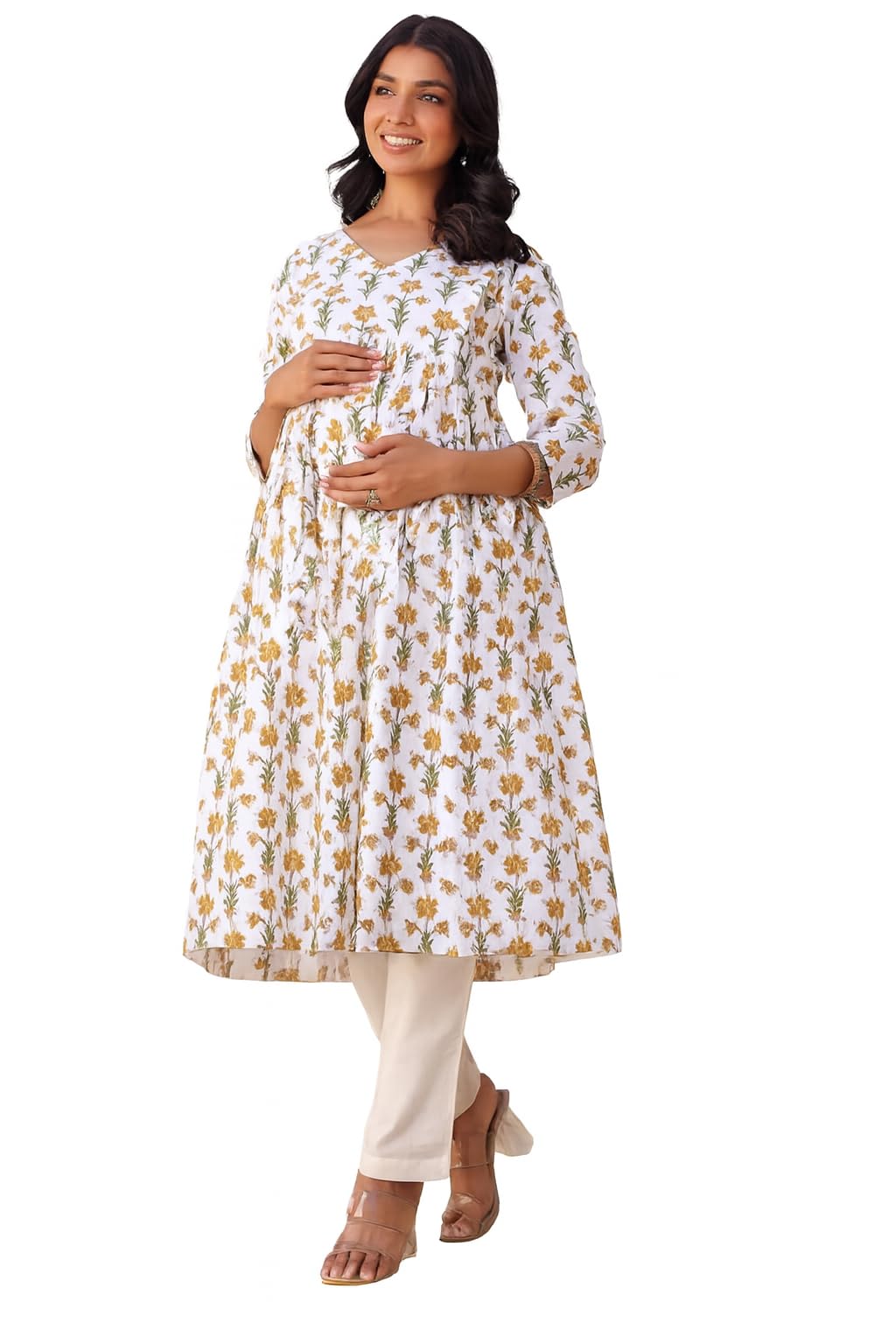 Klubbies Maternity Cotton Kurta with Nursing Access, White Floral Print, 3/4 Sleeves, Comfortable Breathable Fabric for Pregnancy-picture-15