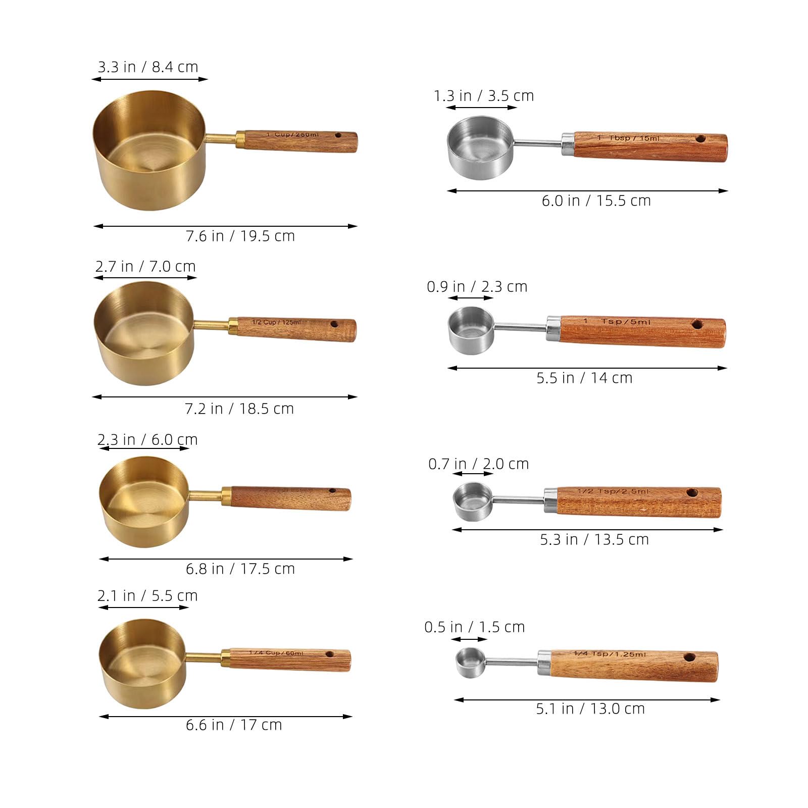 Juego de 8 Cucharas Medidoras y Tazas de Acero Inoxidable con Mango de Madera para Cocina y Repostería, Medición Precisa y Durabilidad Excepcional
