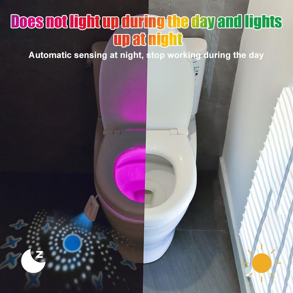 Image showing the toilet night light operating in a dark bathroom, with the toilet bowl illuminated and patterns projected on the floor. A sun icon indicates it does not light up during the day, and a moon icon indicates automatic sensing at night.