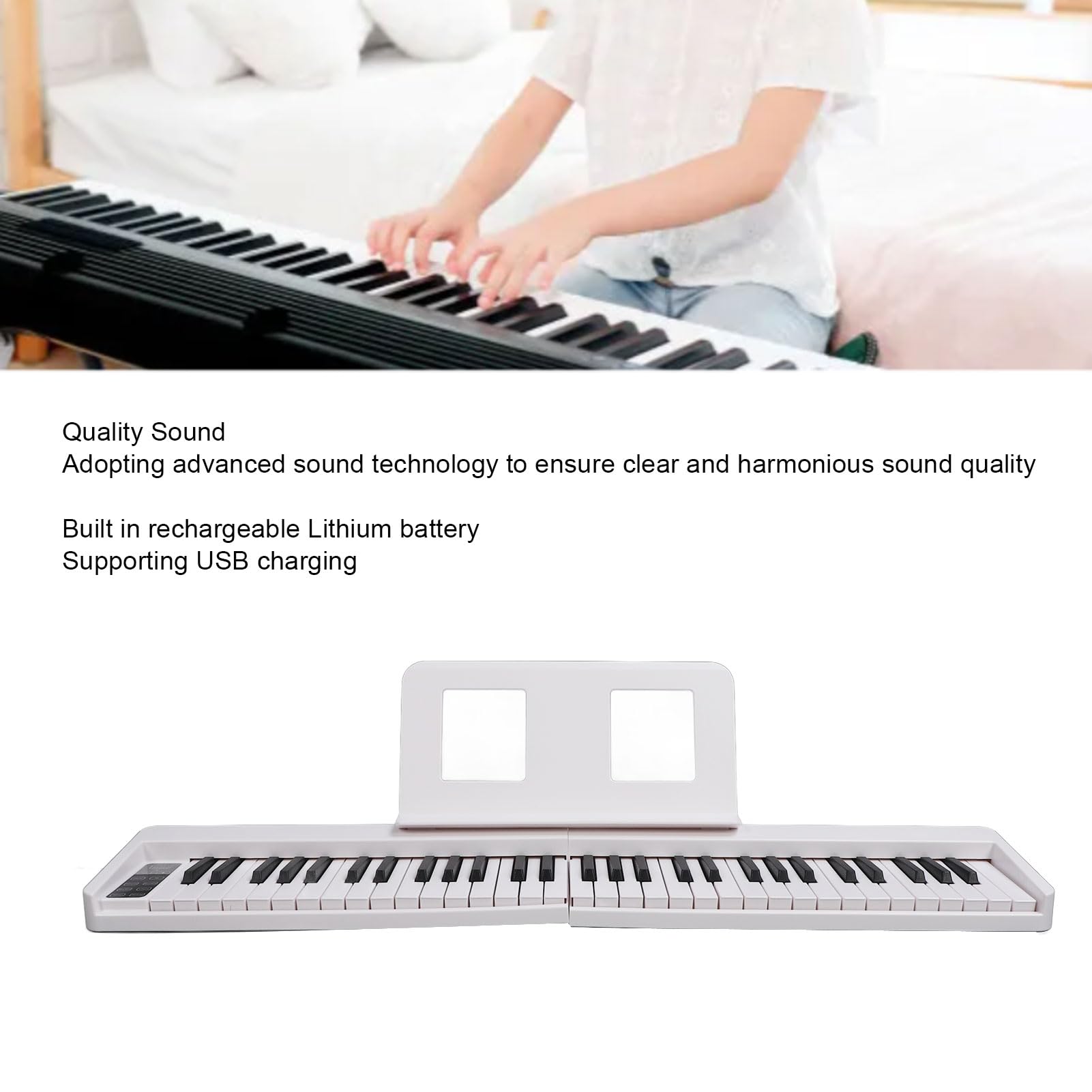 Pianino Elektroniczne 61 Klawiszy, Przenośna Składana Klawiatura Fortepianowa dla Początkujących (WHITE)