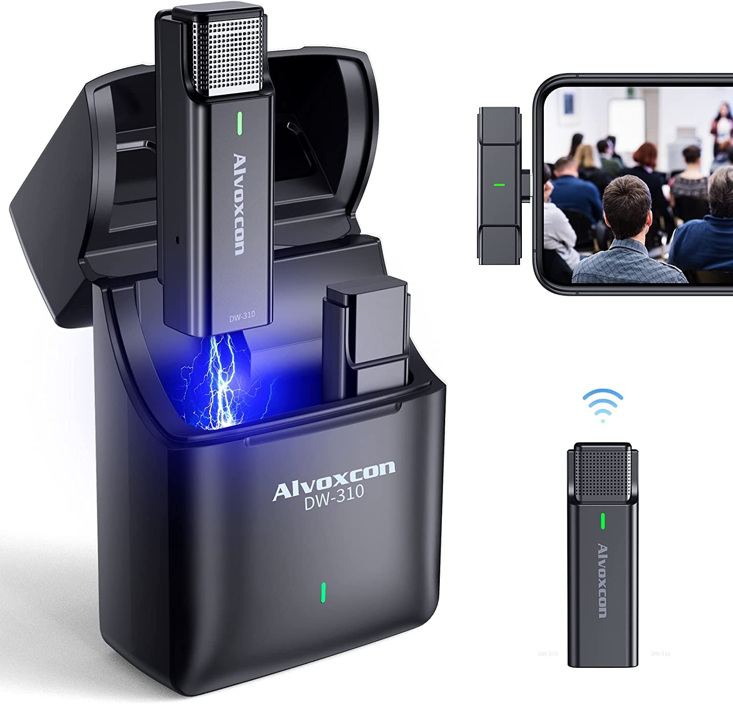 Alvoxcon Wireless Lavalier Microphone System Wireless Mic for iPhone iPad, 2.4GHz Clip On Mic with Charging Case for Interview, TikTok, Facebook Live Stream, YouTube Vlog Video Recording