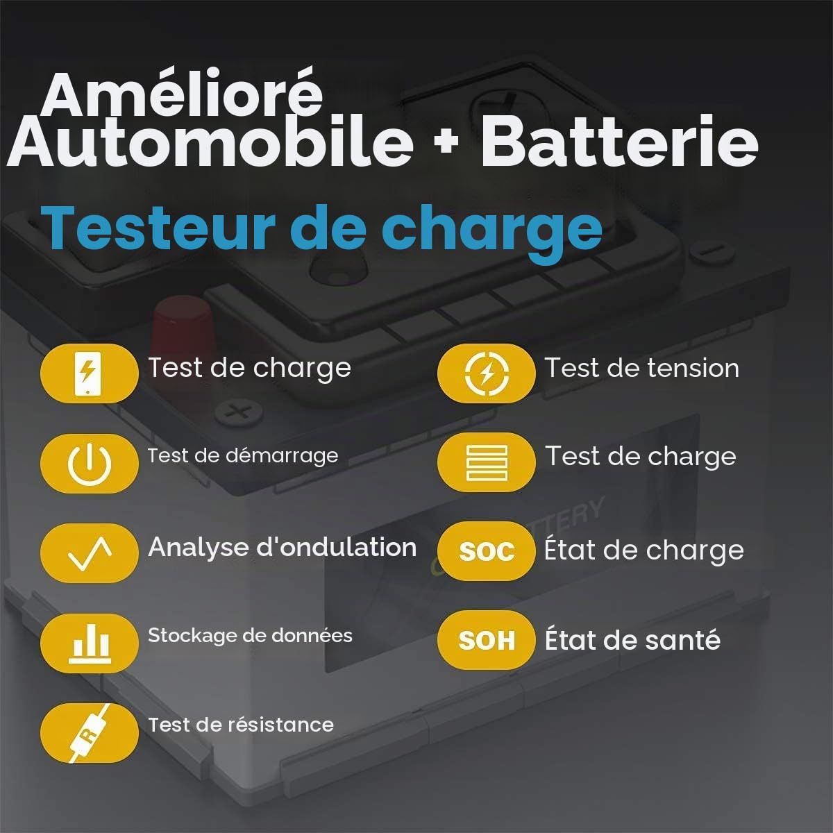 TOPDON Testeur de Batterie BT100, 12V Testeur batterie voiture100-2000 CCA Essai de charge de démarrage avec batterie pour Voitures Motos VTT VUS Yachts
