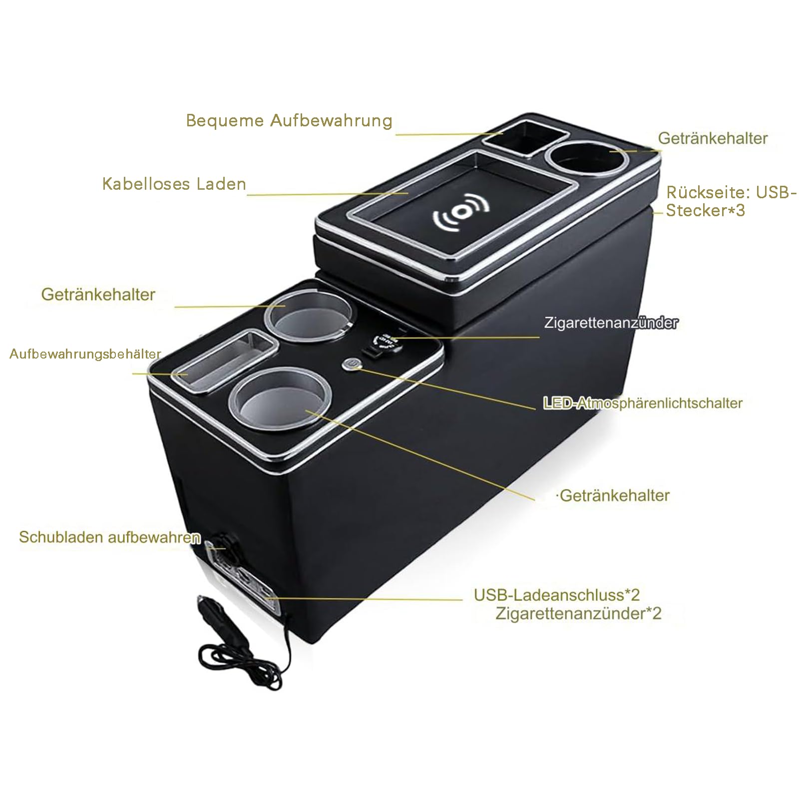 Upgrade Mittelkonsole mit Kabellosem Induktivem Laden、USB und LED-Leuchten Kompatibel mit VW T4 T5 T6 T6.1 T7 Alle Modelle ab 2003-2019, Wasserbecher Aufbewahrungsbox Schwarz Leder Zubehör