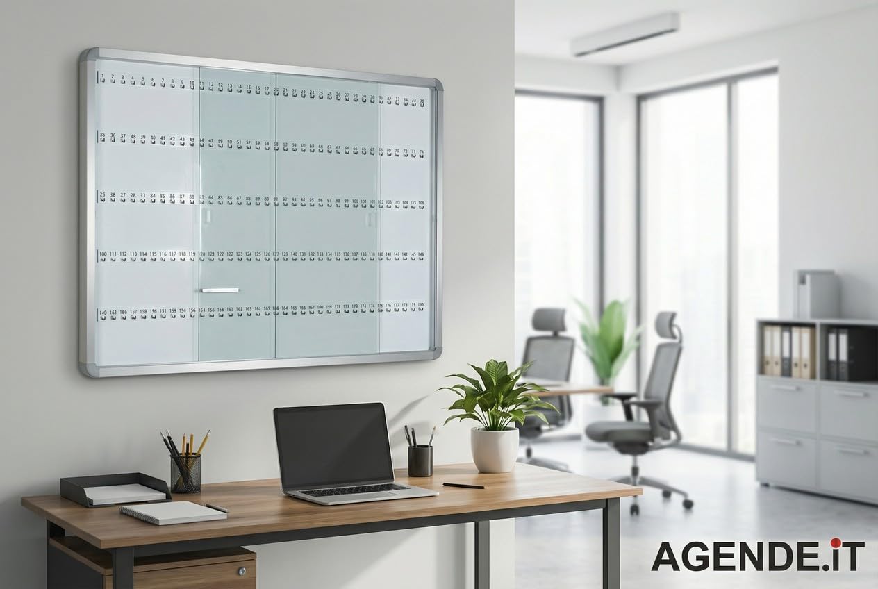 Agendepoint.it - Bacheca Portachiavi Da 180 Posti Con Ante Scorrevoli In Vetro E Struttura Alluminio 90x120cm