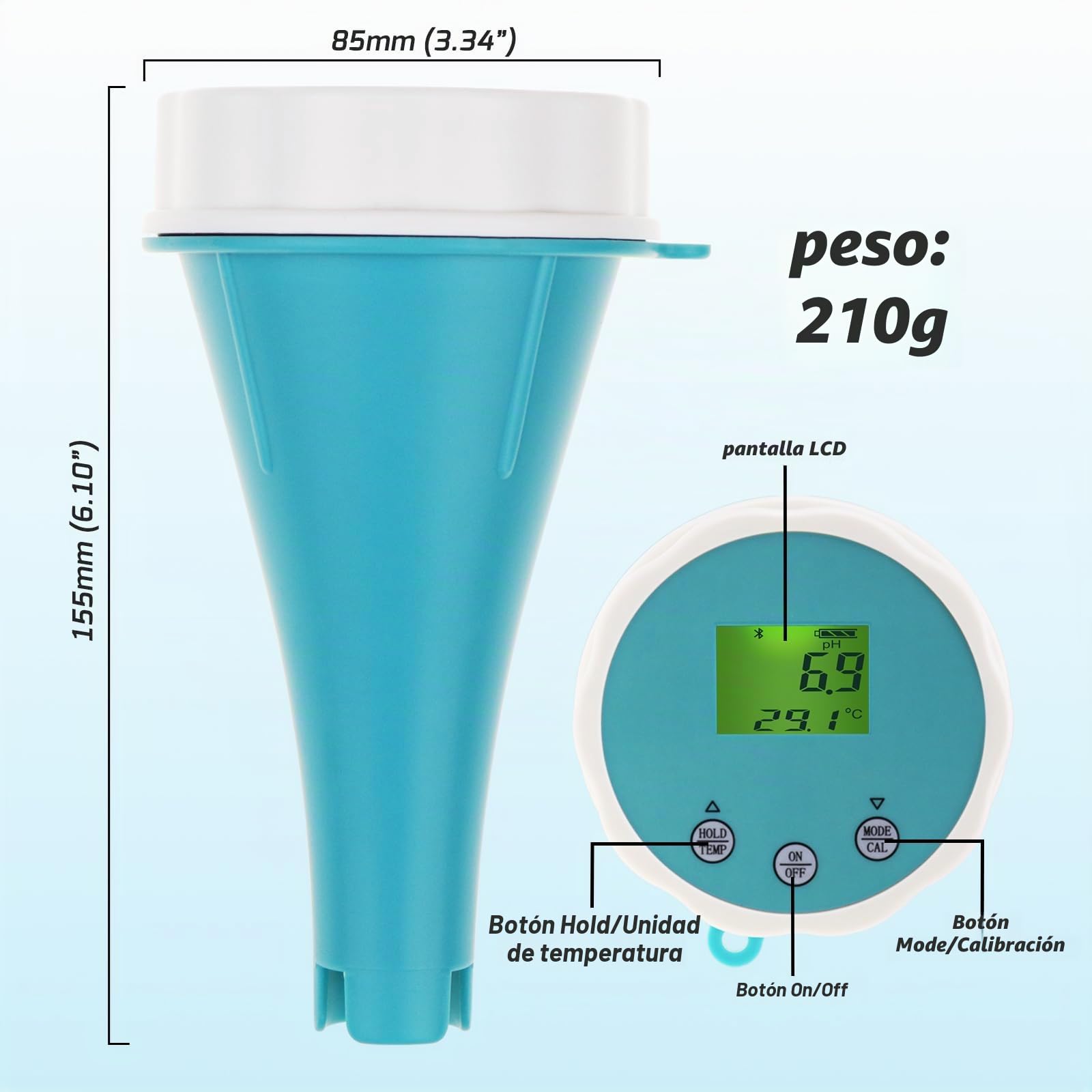 Monitor Digital Flotante de Agua 6 en 1 con Bluetooth | pH, EC, ORP, cloro, Salinidad y Temperatura en Tiempo Real | 1000 Registros de Datos, Resistente al Agua IP67, Monitorización 24 Horas
