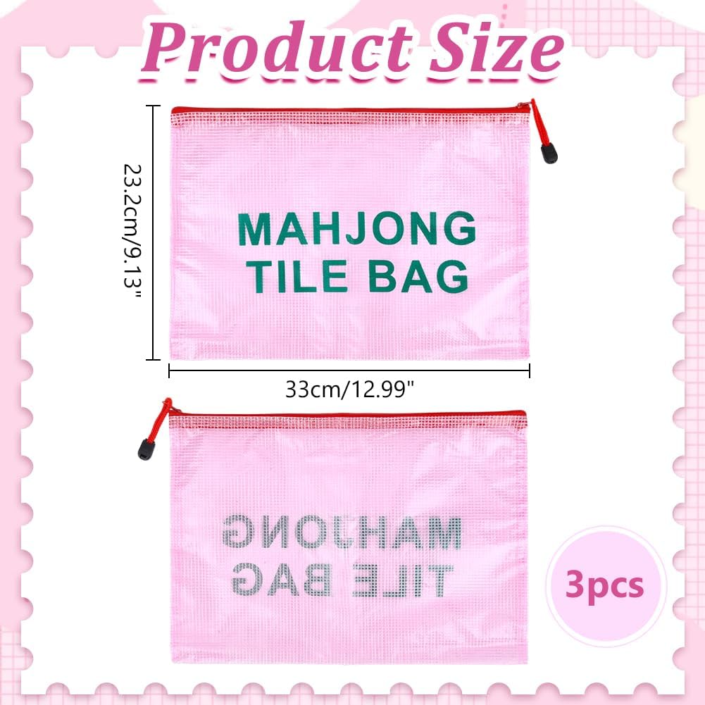 3Pcs Mahjong Tile Bags Nylon Mesh Storage Zipper Bags Rectangular Pouches 33x23cm for Travel Storage Mahjong Sets Family Game Nights Party Supplies Birthday Gifts Pearl Pink