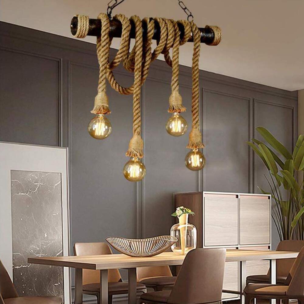 Hanglampen Vintage E27 Henneptouw Eilandlicht Rustiek touw Armatuur Hanglamp Handgeweven Hanglampen Verlichting Woonkamer Eetkamer Keuken Retro stijl Kroonluchter Industrieel hangend ontwerp
