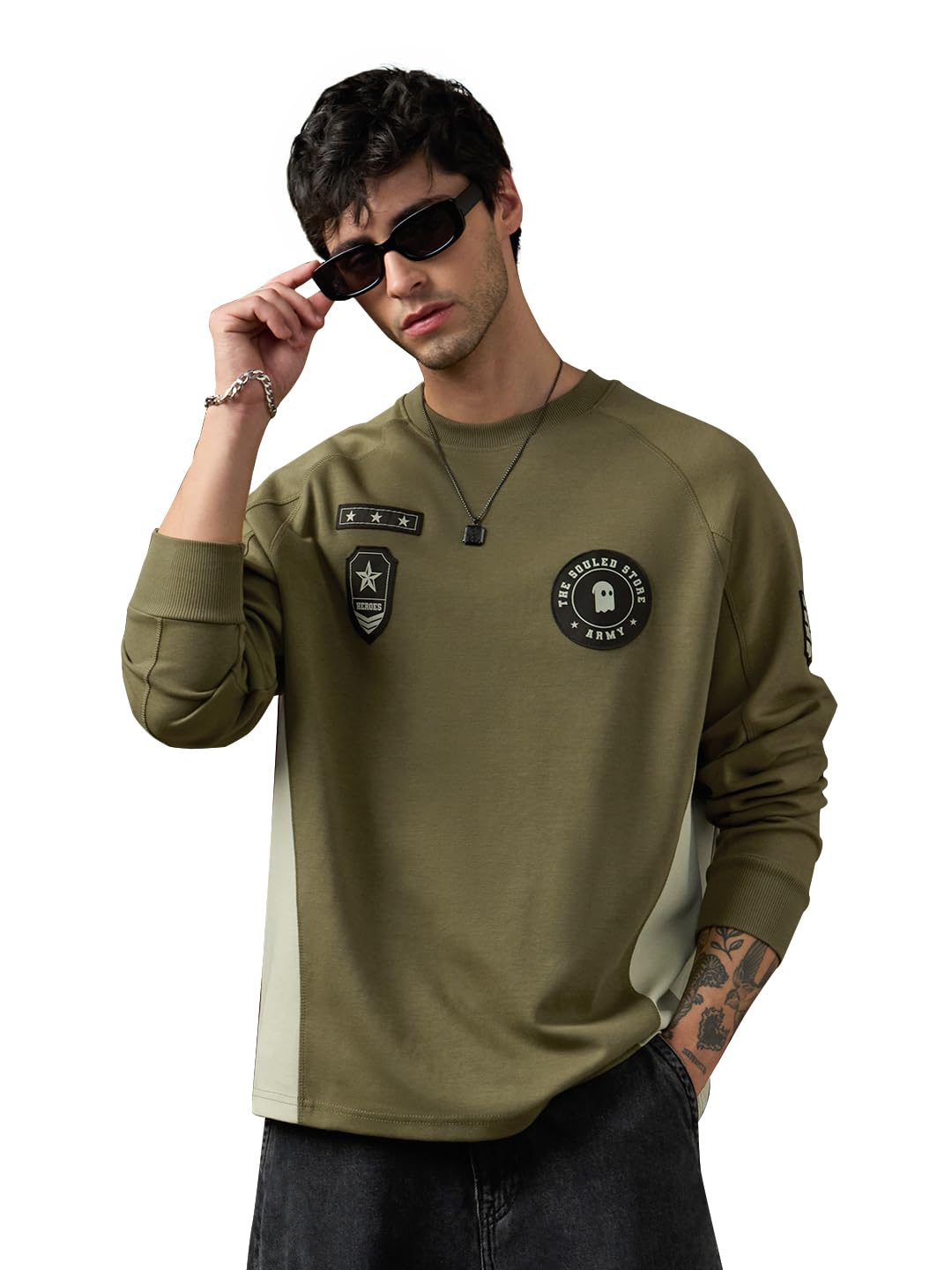 The Souled Store Army Men and Boys Long Sleeve Round Neck Olive Embellished Army Inspired Casual Lightweight Drop Shoulder Streetwear Trendy Oversized Full Sleeve T-Shirts-picture-20