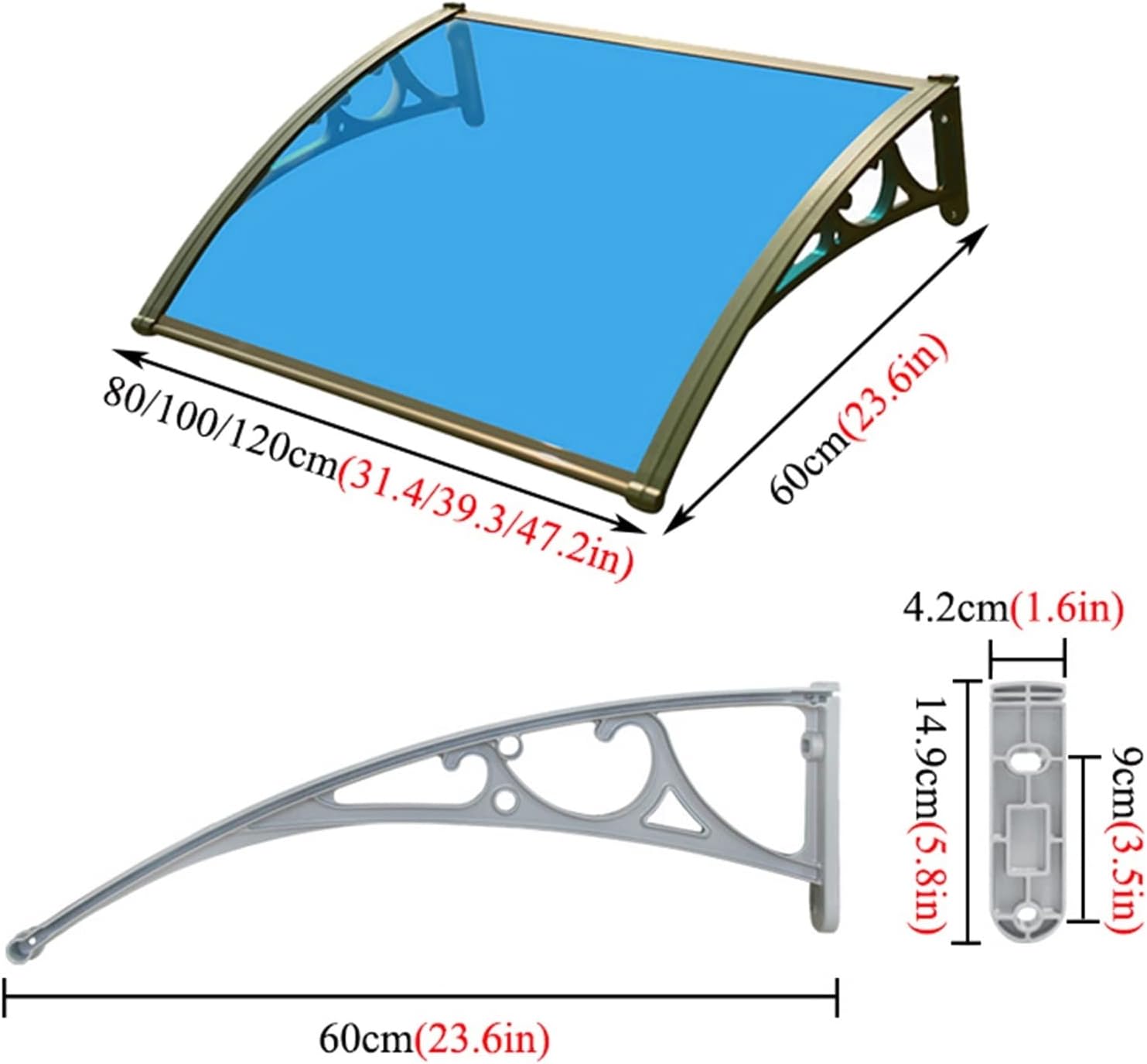 Window Awning Canopy for Front Door, Polycarbonate Canopy for Outside Sun Protection Rain Protection, Desk Arch Canopy for Garage Balcony Window House (Color : Gray, Size : 60x120C
