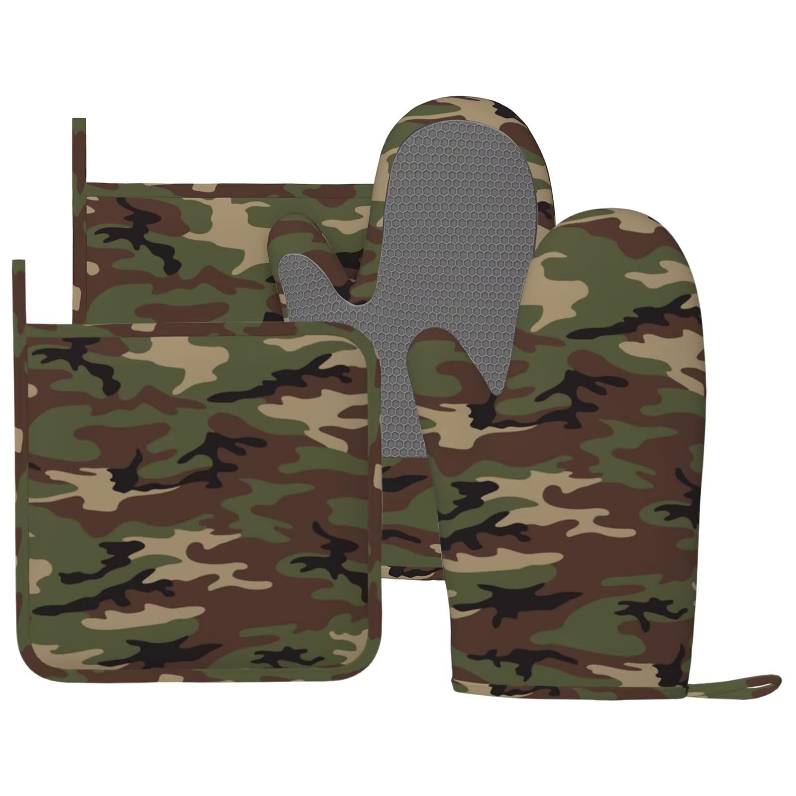 BOKEKANG Camouflage Oven Mitts and Pot Holders Set of 4 Silicone Camo Kitchen Mitten Gloves and Non-Slip Potholders Set Heat Resistant Oven Gloves Hot Holders for Kitchen